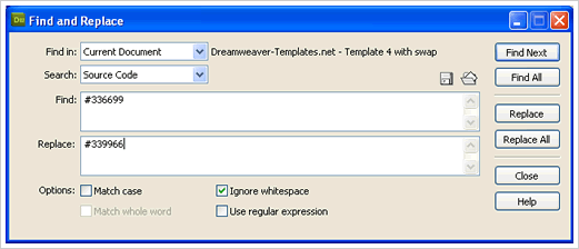 Dind and Replace in Dreamweaver