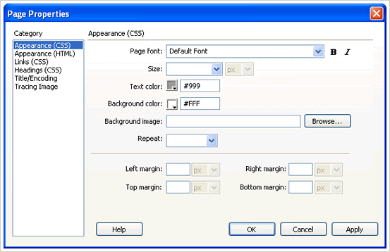 Defining page properties in Dreamweaver