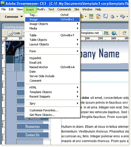 inserting images in Dreamweaver screen 1
