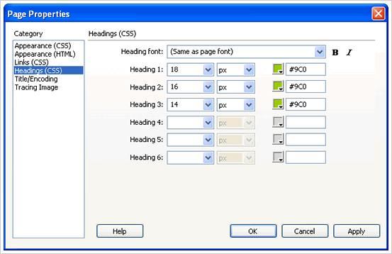 Headings Page Properties